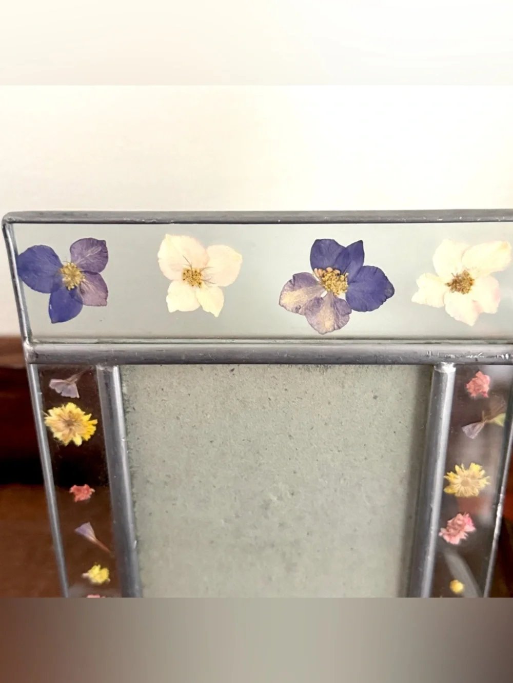 Vintage Dried Flower Pink Purple Cream Yellow Glass Picture Frame 3.5x5” Boho